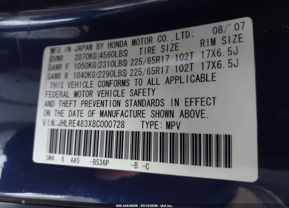 2008 HONDA CR-V LX VIN: JHLRE483X8C000728