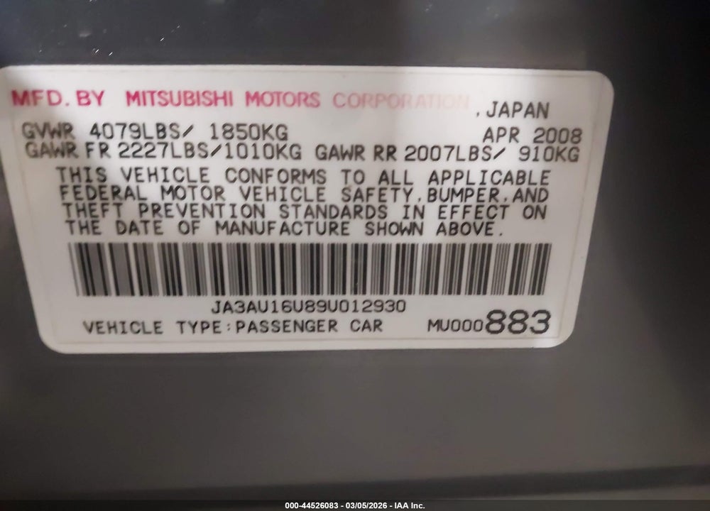 2009 MITSUBISHI LANCER DE VIN: JA3AU16U89U012930