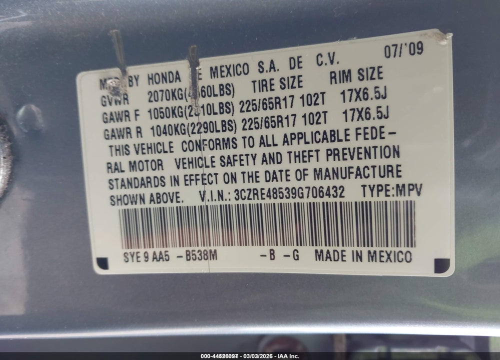 2009 HONDA CR-V EX VIN: 3CZRE48539G706432
