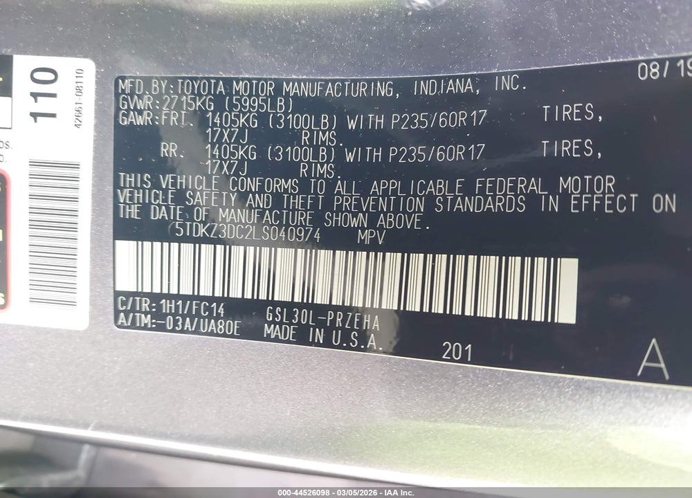 2020 TOYOTA SIENNA LE VIN: 5TDKZ3DC2LS040974
