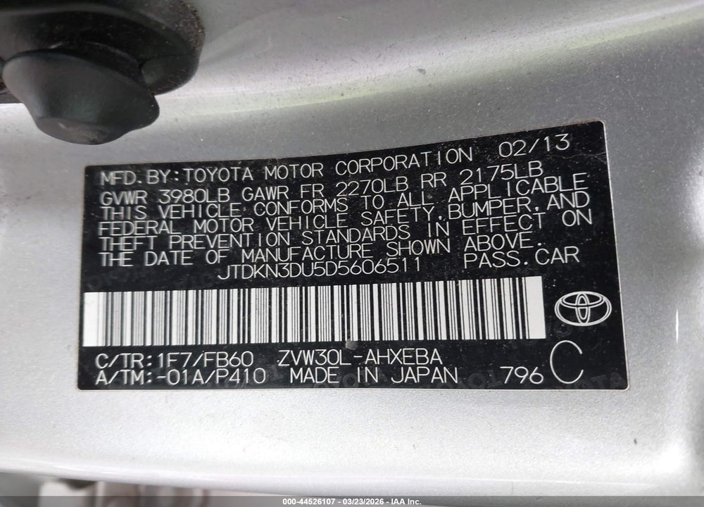 2013 TOYOTA PRIUS THREE VIN: JTDKN3DU5D5606511