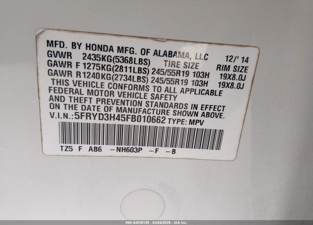 2015 ACURA MDX TECHNOLOGY PACKAGE VIN: 5FRYD3H45FB010662