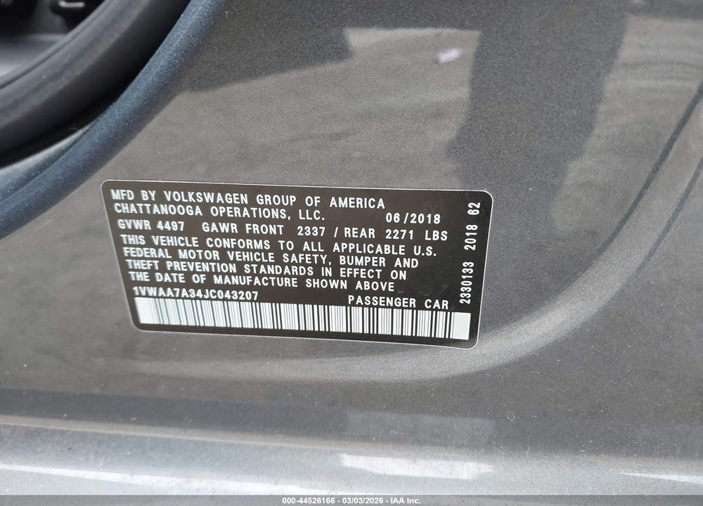 2018 VOLKSWAGEN PASSAT 2.0T R-LINE/2.0T S VIN: 1VWAA7A34JC043207
