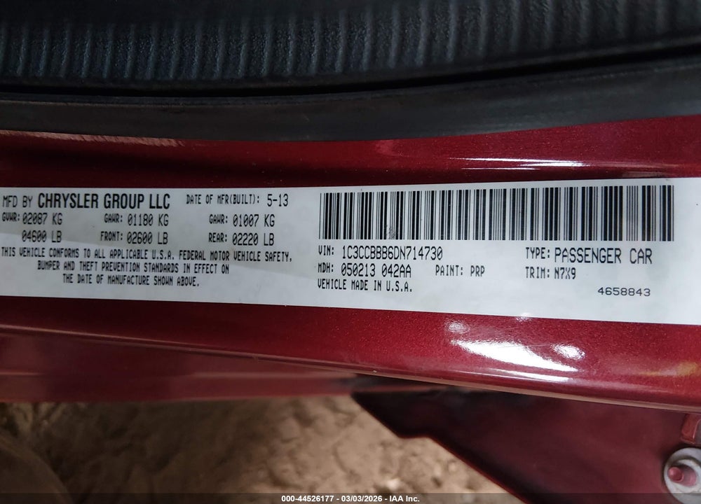2013 CHRYSLER 200 TOURING VIN: 1C3CCBBB6DN714730