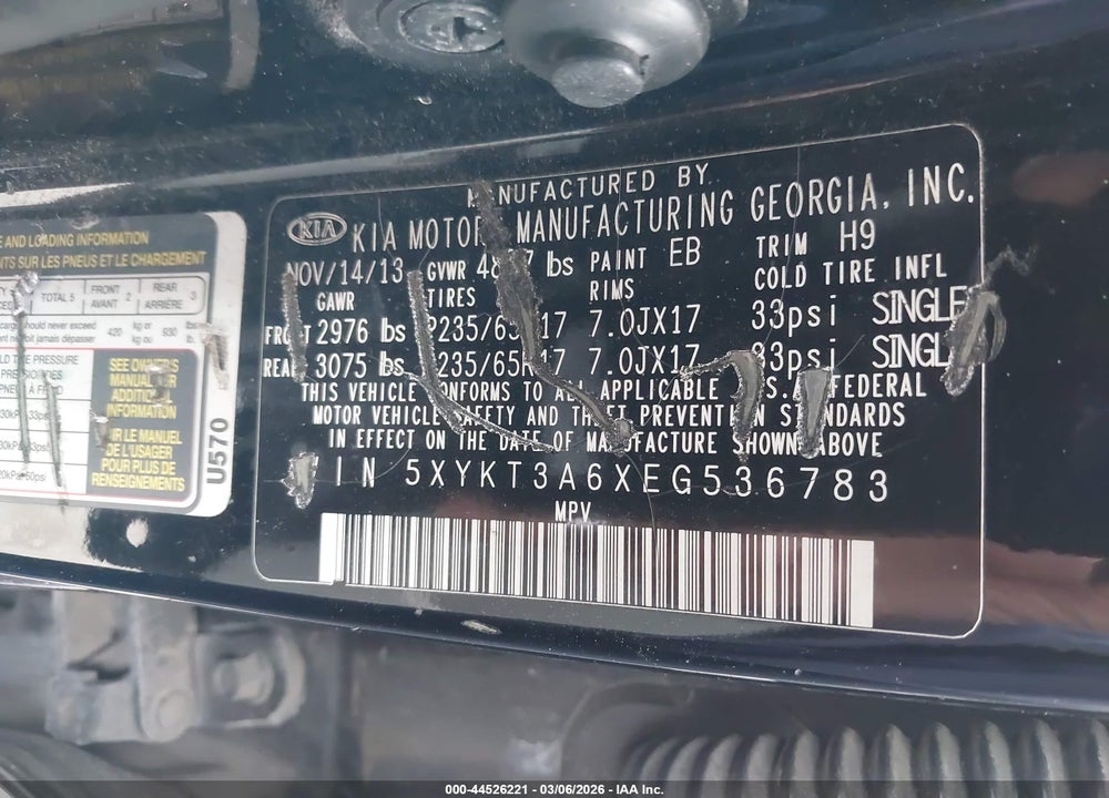 2014 KIA SORENTO LX VIN: 5XYKT3A6XEG536783