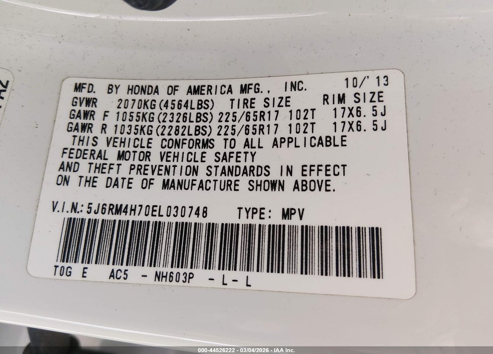 2014 HONDA CR-V EX-L VIN: 5J6RM4H70EL030748