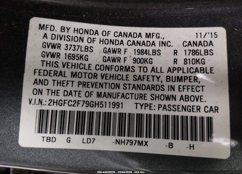 2016 HONDA CIVIC EX VIN: 2HGFC2F79GH511991
