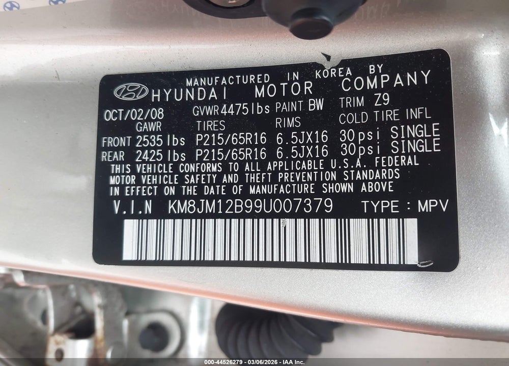 2009 HYUNDAI TUCSON GLS VIN: KM8JM12B99U007379
