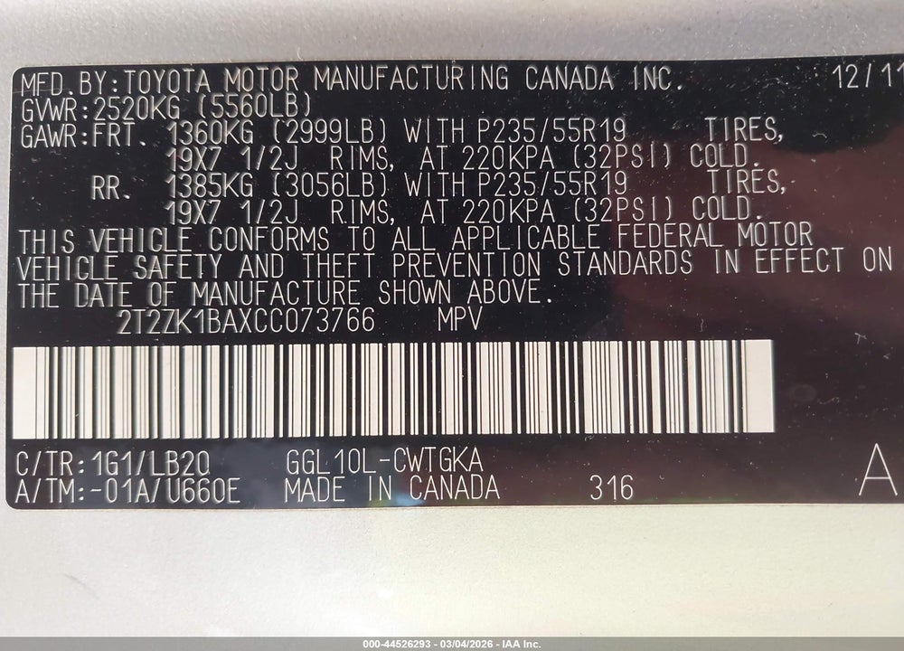 2012 LEXUS RX 350 VIN: 2T2ZK1BAXCC073766