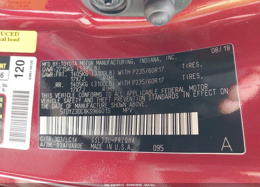 2019 TOYOTA SIENNA XLE 8 PASSENGER VIN: 5TDYZ3DCXKS966015