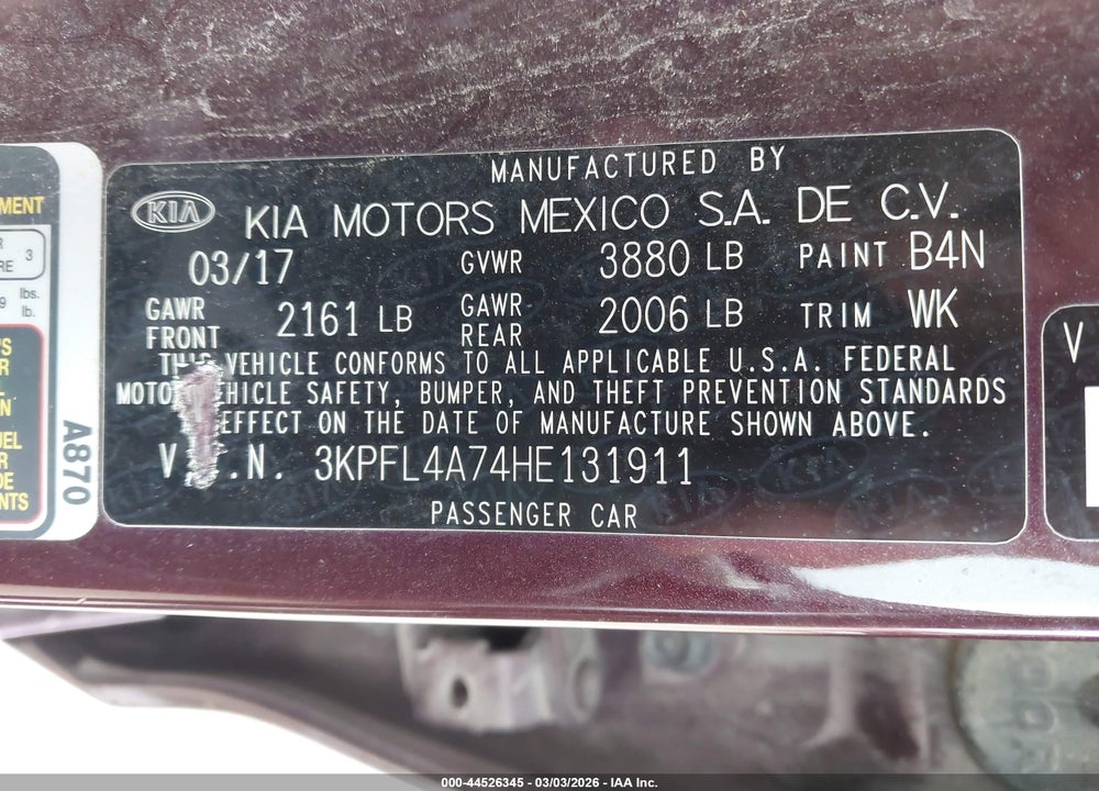2017 KIA FORTE LX VIN: 3KPFL4A74HE131911