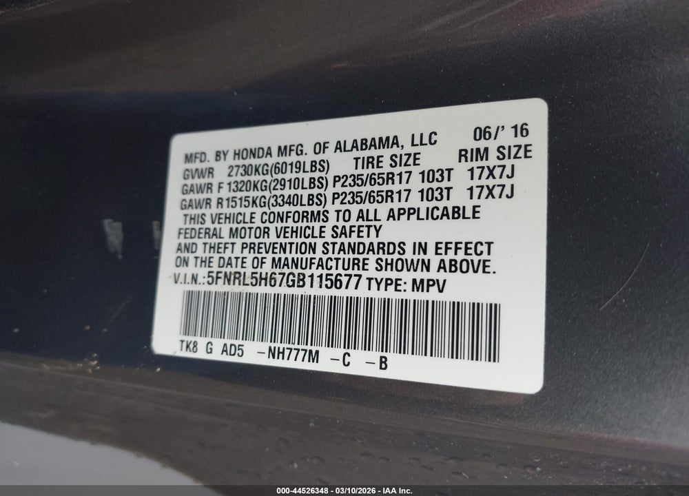 2016 HONDA ODYSSEY EX-L VIN: 5FNRL5H67GB115677