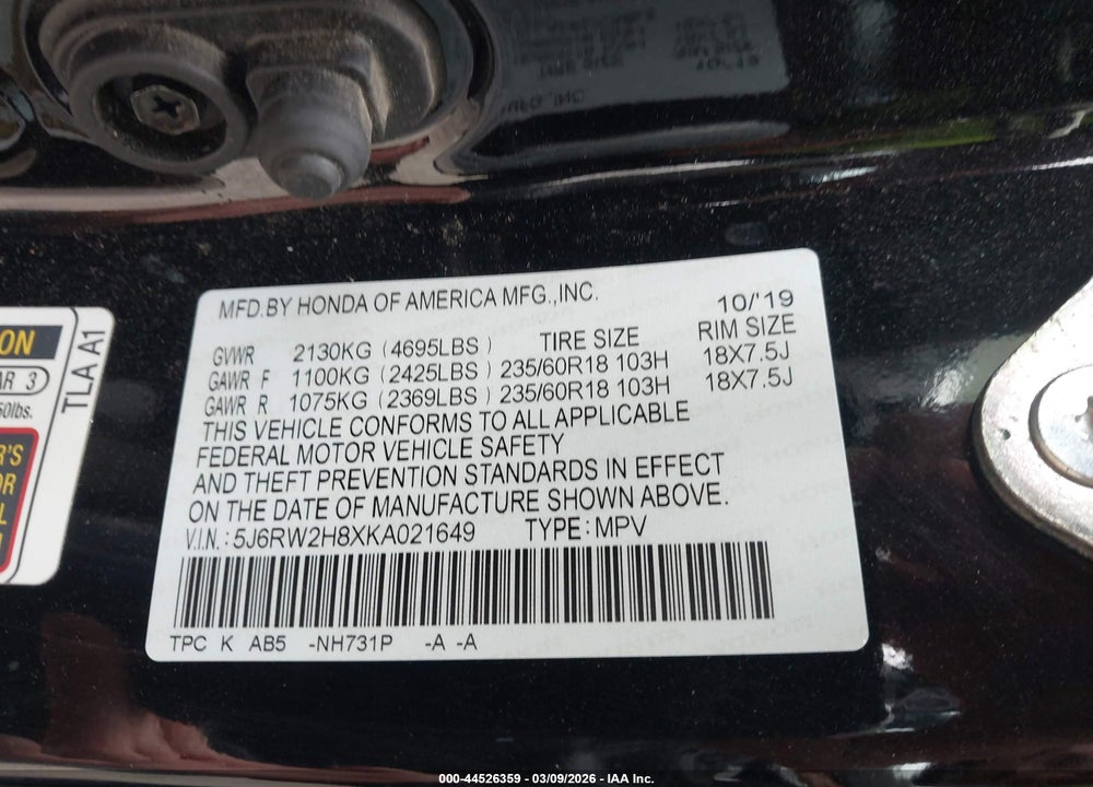 2019 HONDA CR-V EX-L VIN: 5J6RW2H8XKA021649