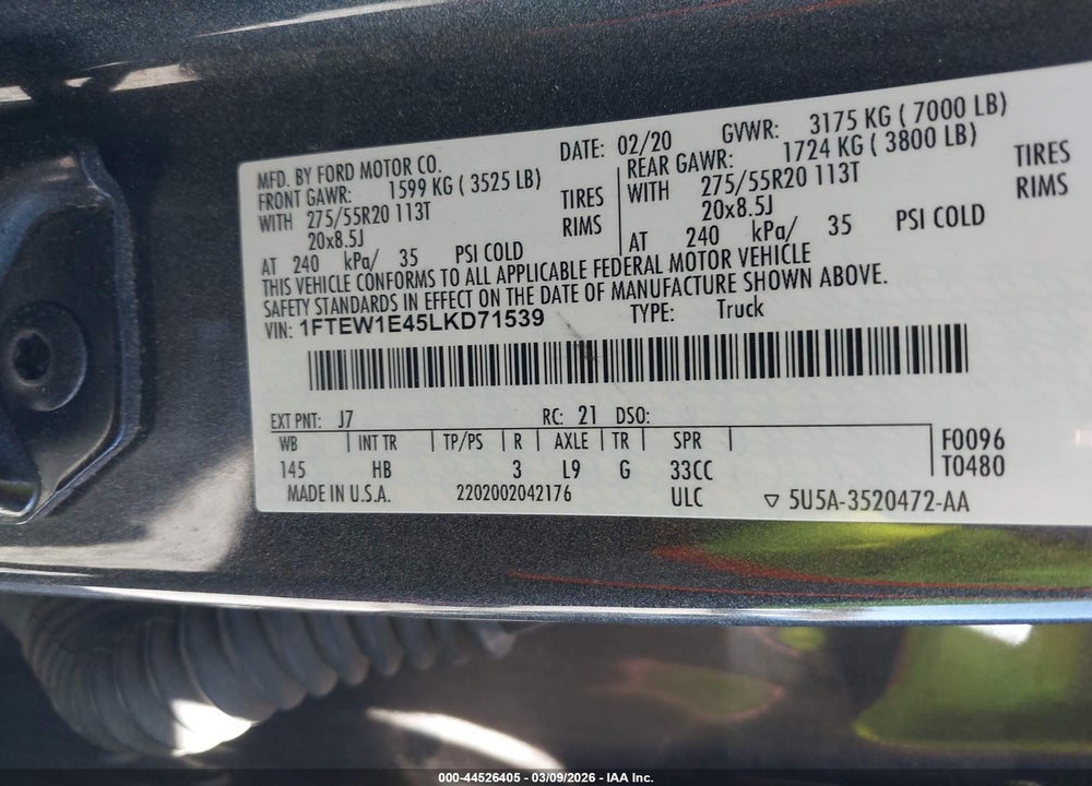 2020 FORD F-150 LARIAT VIN: 1FTEW1E45LKD71539