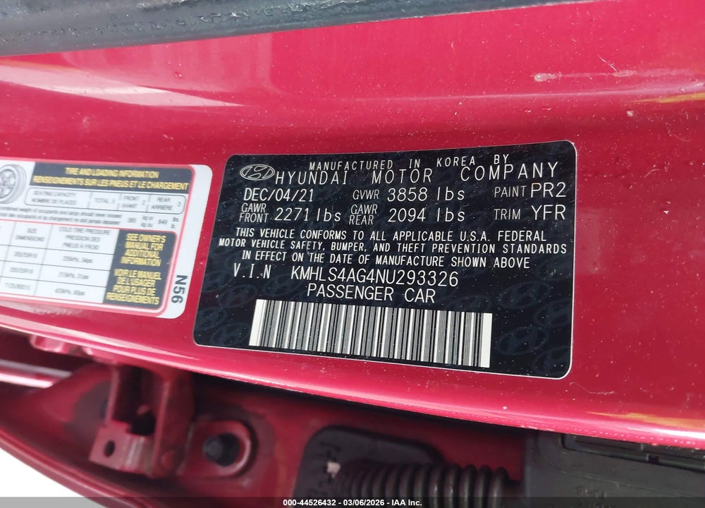 2022 HYUNDAI ELANTRA SEL VIN: KMHLS4AG4NU293326