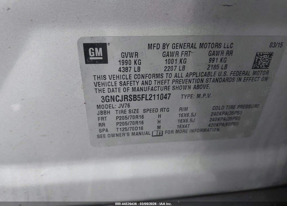 2015 CHEVROLET TRAX LT VIN: 3GNCJRSB5FL211047