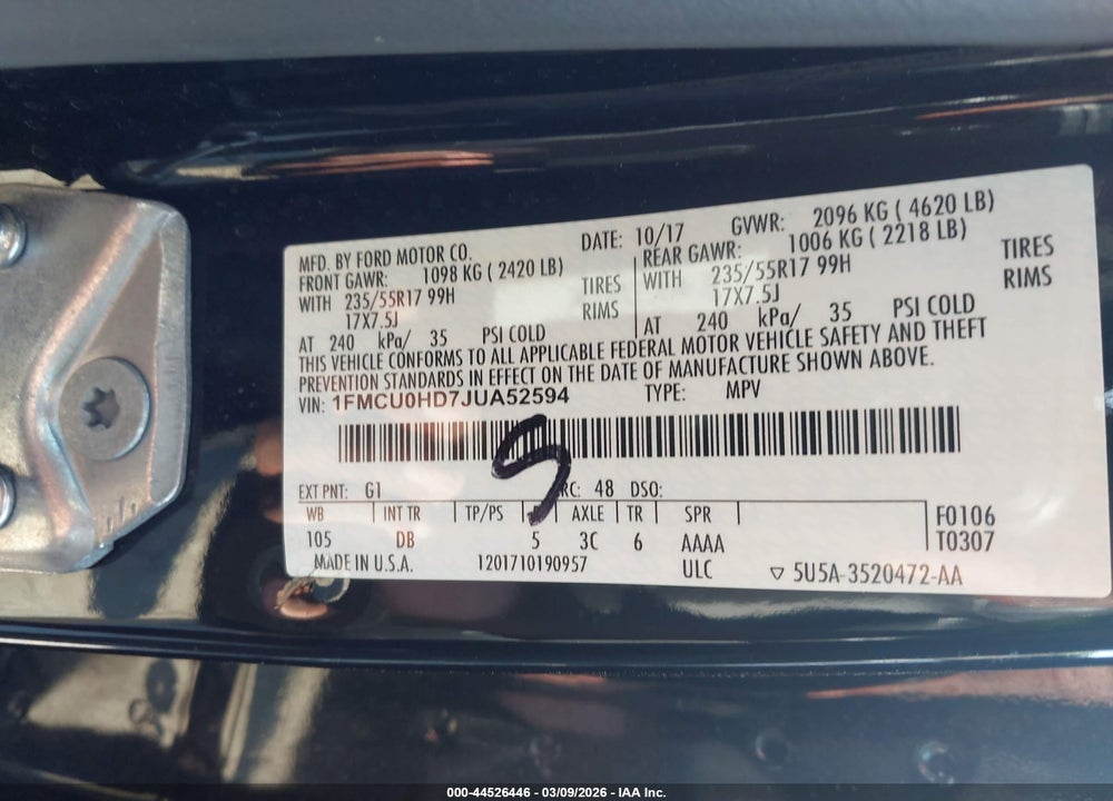 2018 FORD ESCAPE SEL VIN: 1FMCU0HD7JUA52594