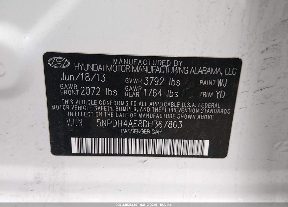 2013 HYUNDAI ELANTRA GLS VIN: 5NPDH4AE8DH367863