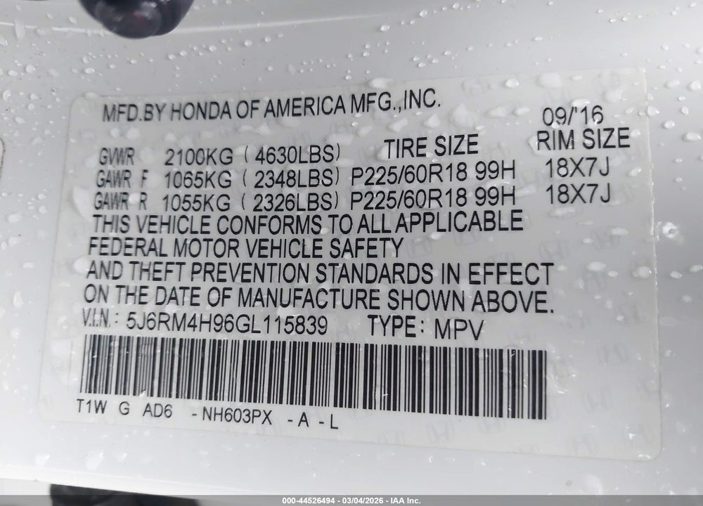 2016 HONDA CR-V TOURING VIN: 5J6RM4H96GL115839