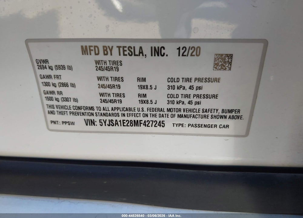2021 TESLA MODEL S LONG RANGE DUAL MOTOR ALL-WHEEL DRIVE/LONG RANGE PLUS DUAL MOTOR ALL-WHEEL DRIVE VIN: 5YJSA1E28MF427245