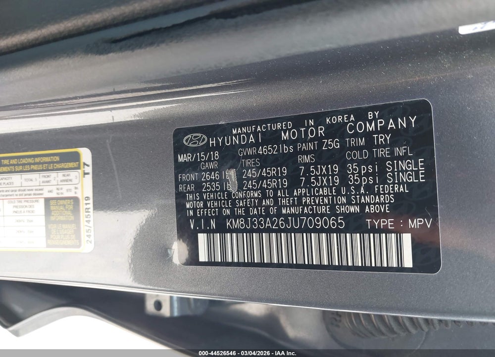 2018 HYUNDAI TUCSON VALUE VIN: KM8J33A26JU709065