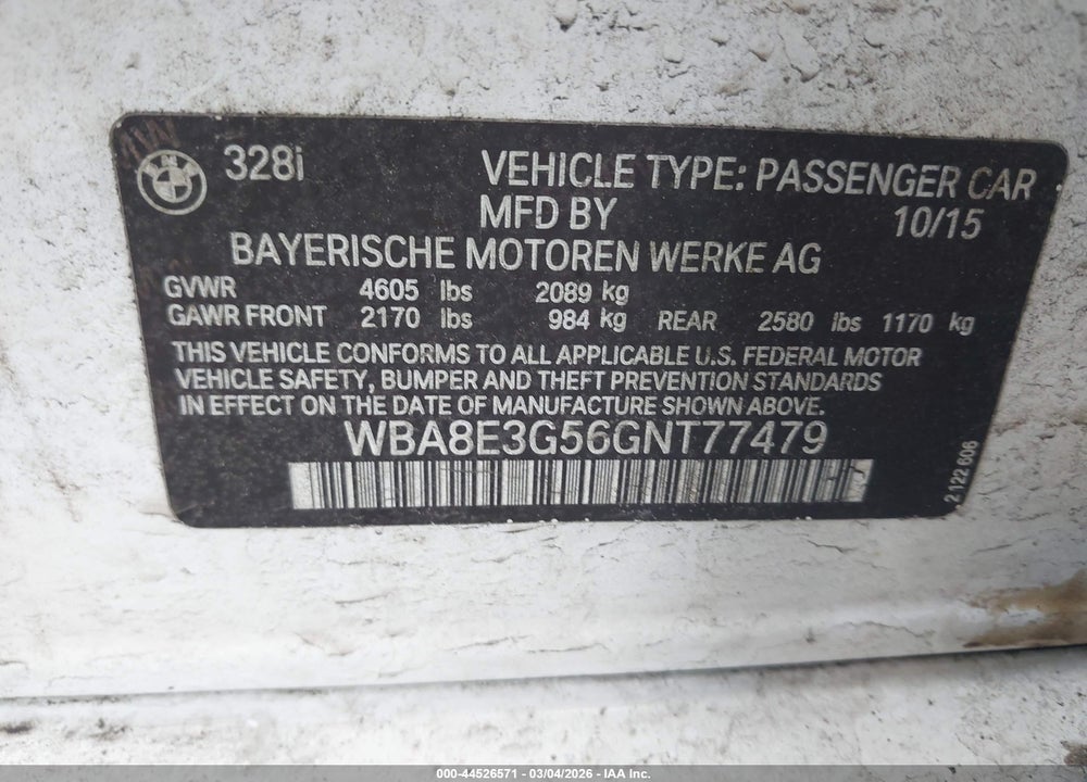 2016 BMW 328I XDRIVE VIN: WBA8E3G56GNT77479