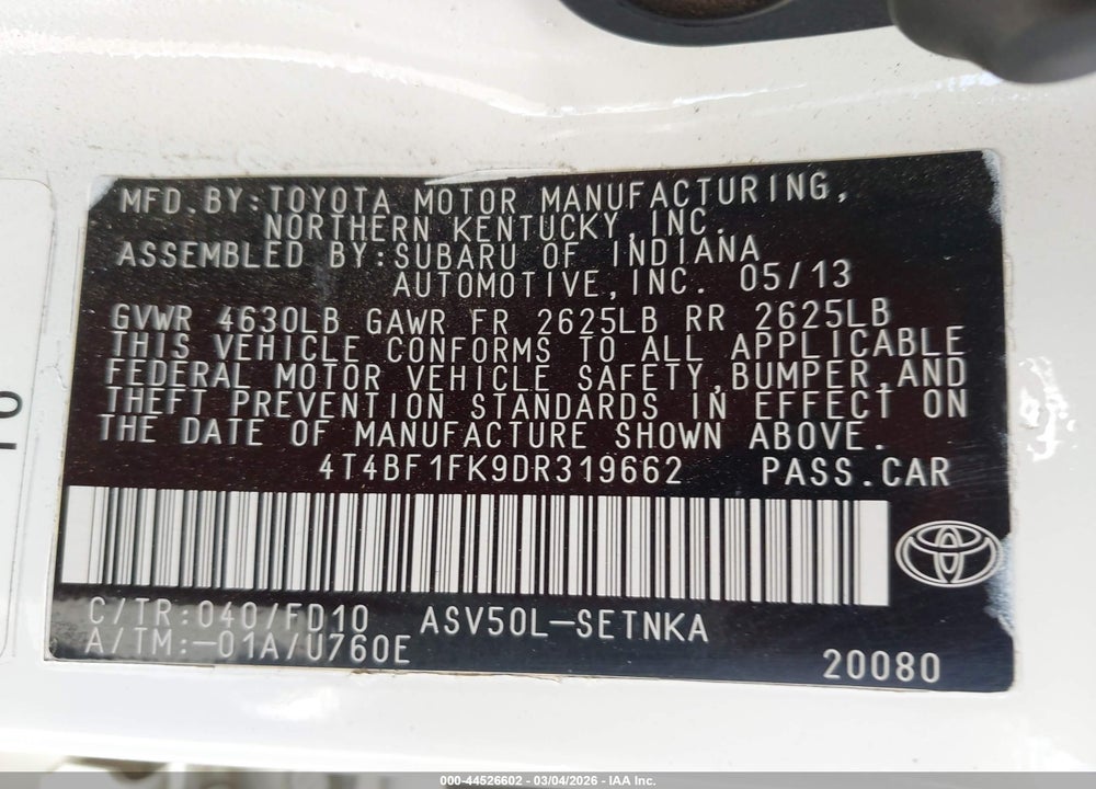 2013 TOYOTA CAMRY LE VIN: 4T4BF1FK9DR319662