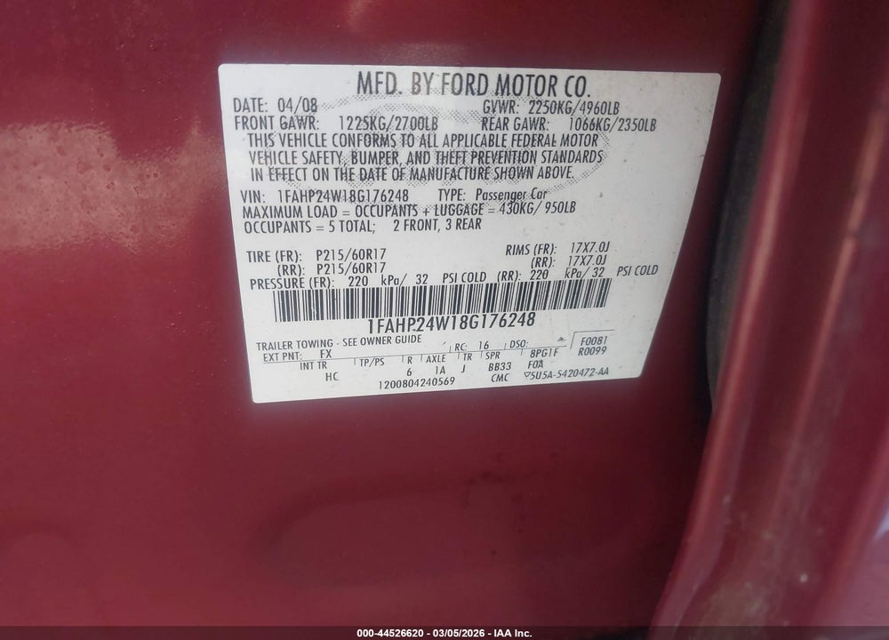 2008 FORD TAURUS SEL VIN: 1FAHP24W18G176248