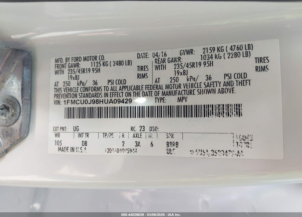 2017 FORD ESCAPE TITANIUM VIN: 1FMCU0J98HUA09429