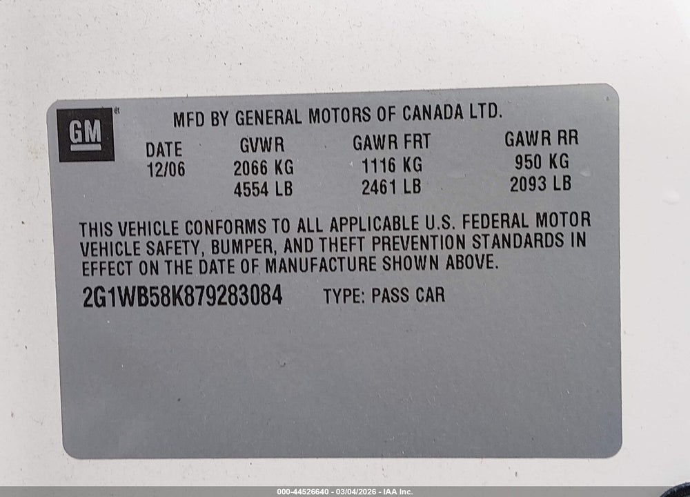 2007 CHEVROLET IMPALA LS VIN: 2G1WB58K879283084