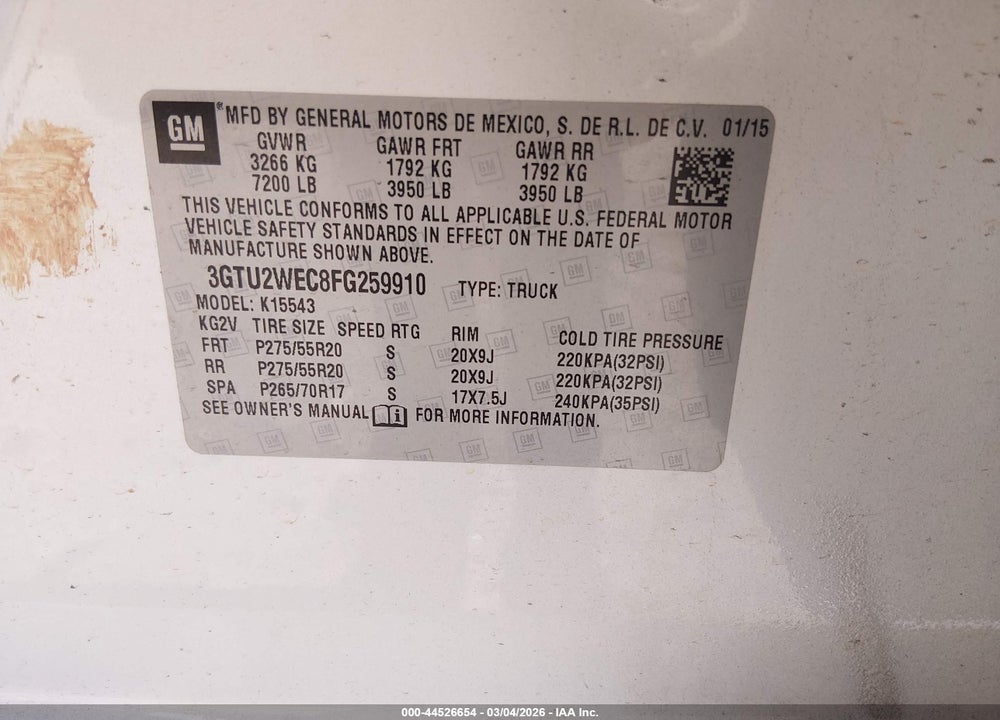 2015 GMC SIERRA 1500 DENALI VIN: 3GTU2WEC8FG259910