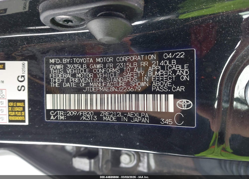 2022 TOYOTA COROLLA LE VIN: JTDEPMAE8NJ223679