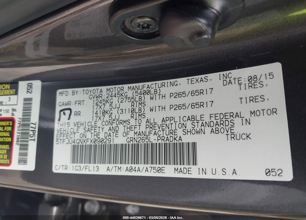 2015 TOYOTA TACOMA PRERUNNER V6 VIN: 5TFJU4GNXFX090291