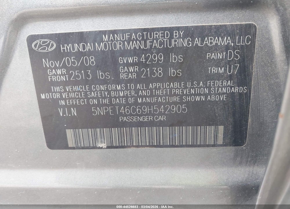 2009 HYUNDAI SONATA GLS VIN: 5NPET46C69H542905