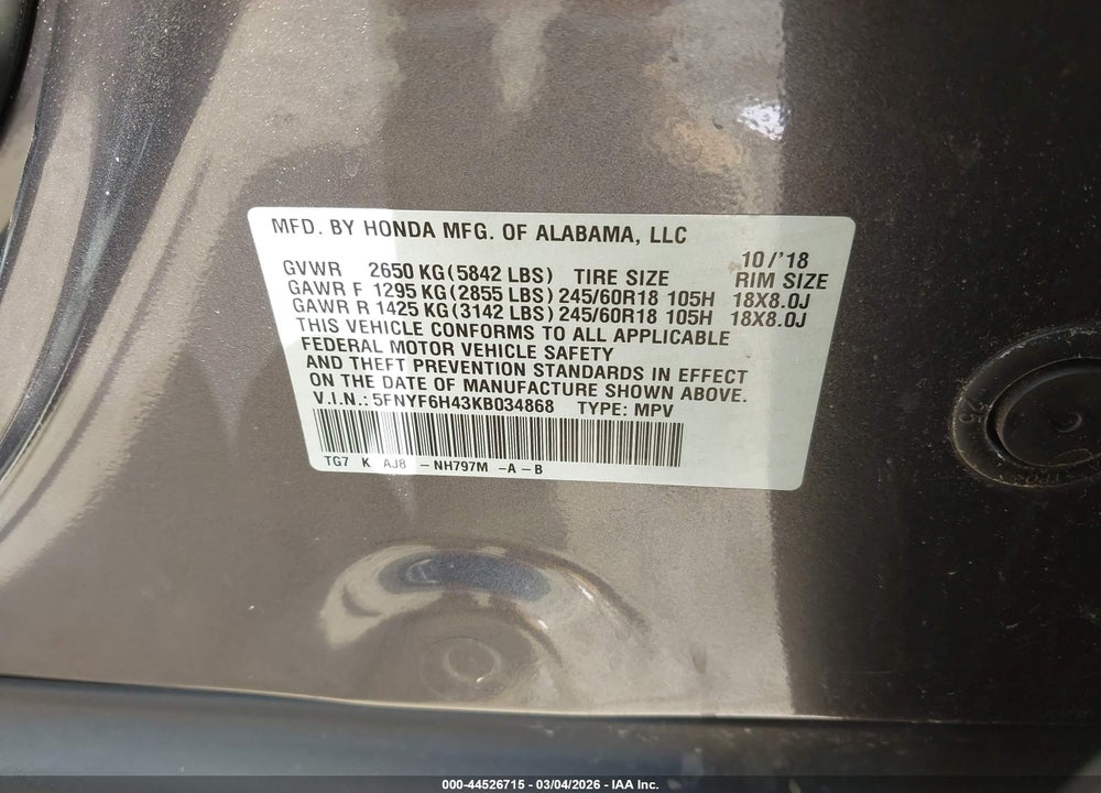 2019 HONDA PILOT EX-L VIN: 5FNYF6H43KB034868
