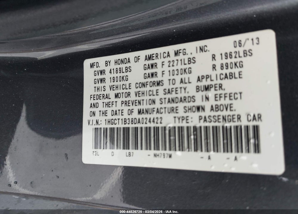 2013 HONDA ACCORD LX-S VIN: 1HGCT1B38DA024422