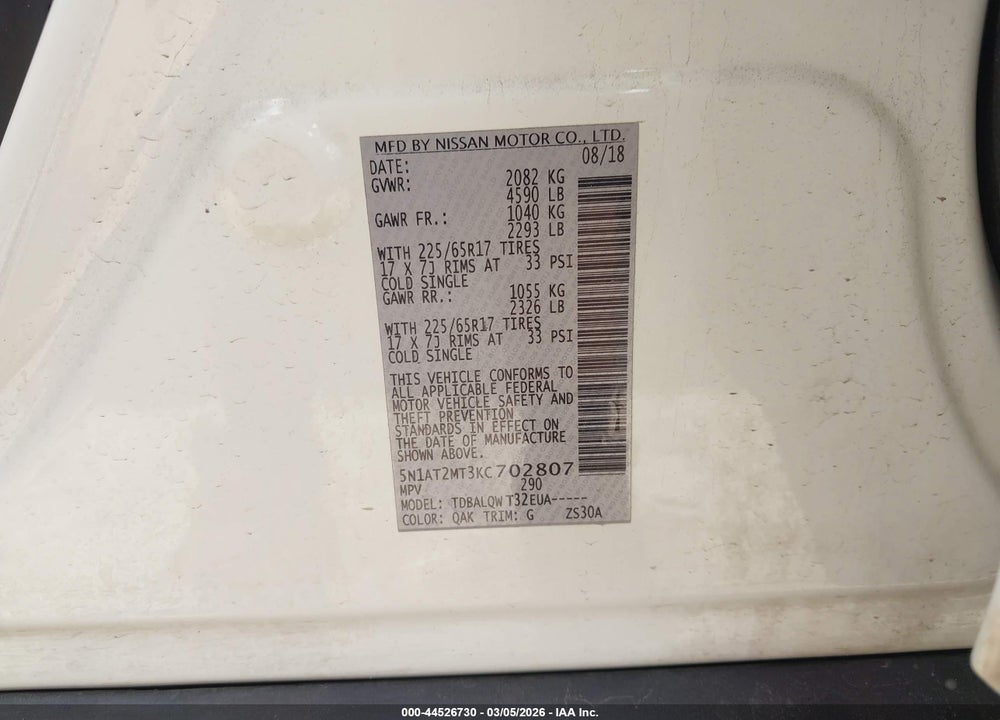 2019 NISSAN ROGUE SV VIN: 5N1AT2MT3KC702807