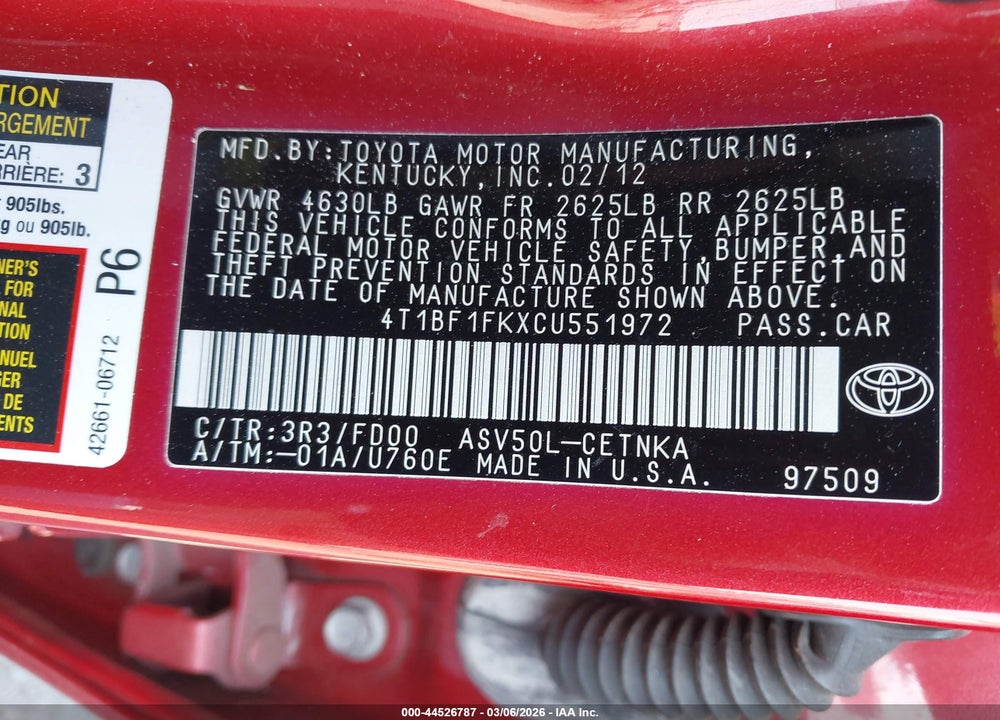 2012 TOYOTA CAMRY LE VIN: 4T1BF1FKXCU551972