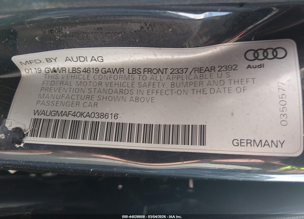 2019 AUDI A4 40 PREMIUM VIN: WAUGMAF40KA038616