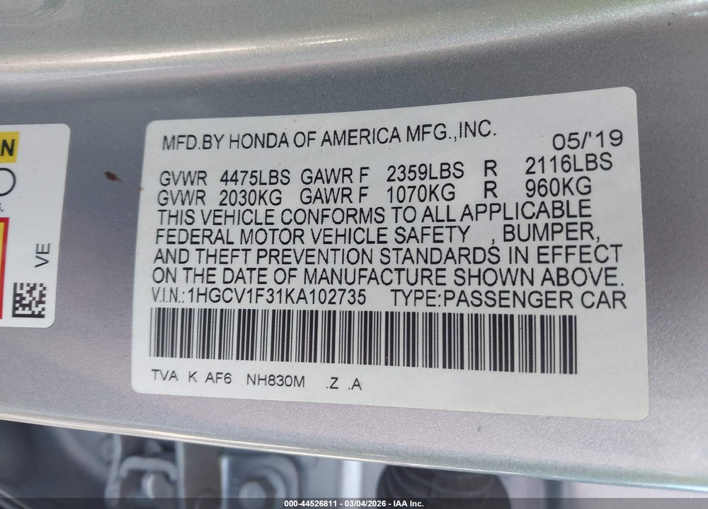 2019 HONDA ACCORD SPORT VIN: 1HGCV1F31KA102735