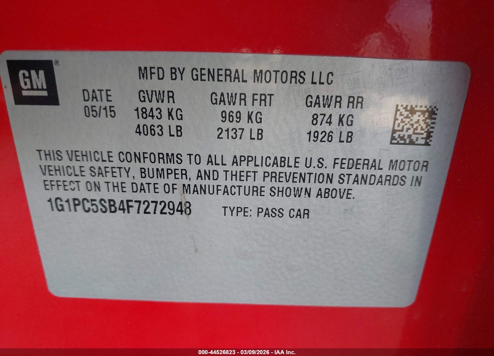 2015 CHEVROLET CRUZE 1LT AUTO VIN: 1G1PC5SB4F7272948