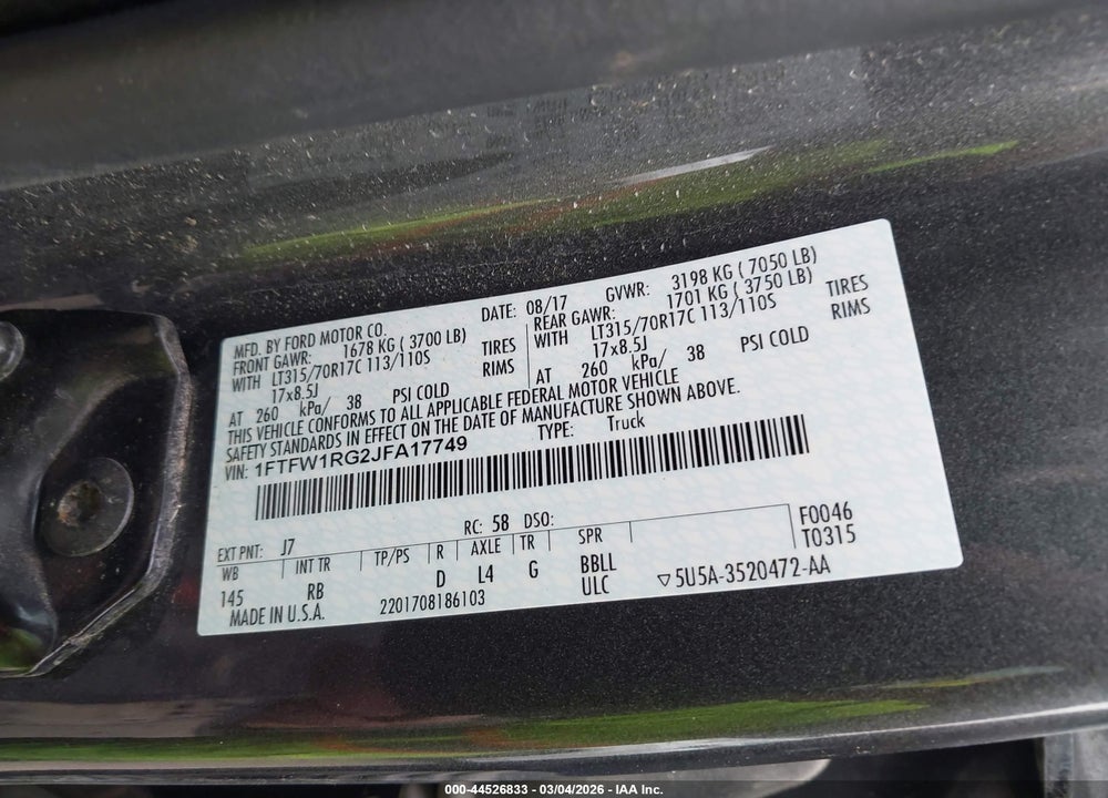 2018 FORD F-150 RAPTOR VIN: 1FTFW1RG2JFA17749