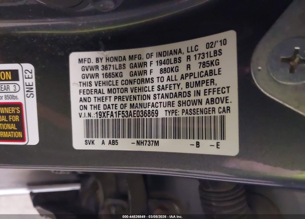 2010 HONDA CIVIC LX VIN: 19XFA1F53AE036869