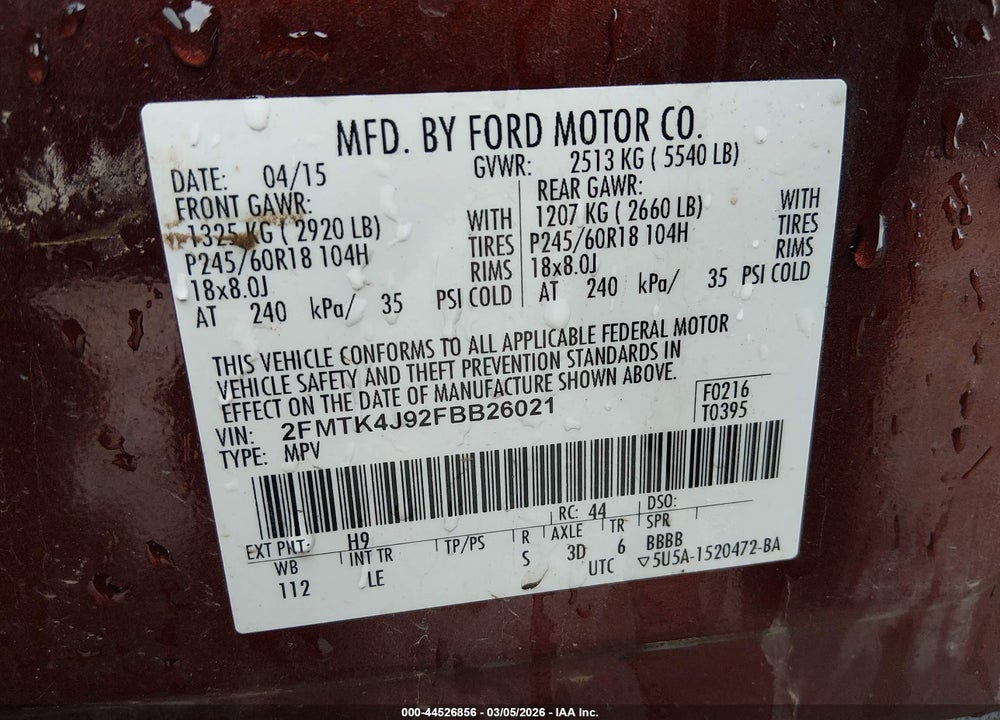 2015 FORD EDGE SEL VIN: 2FMTK4J92FBB26021