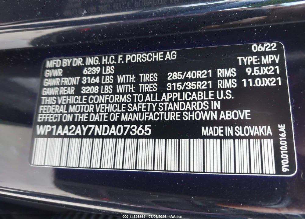 2022 PORSCHE CAYENNE PLATINUM EDITION VIN: WP1AA2AY7NDA07365