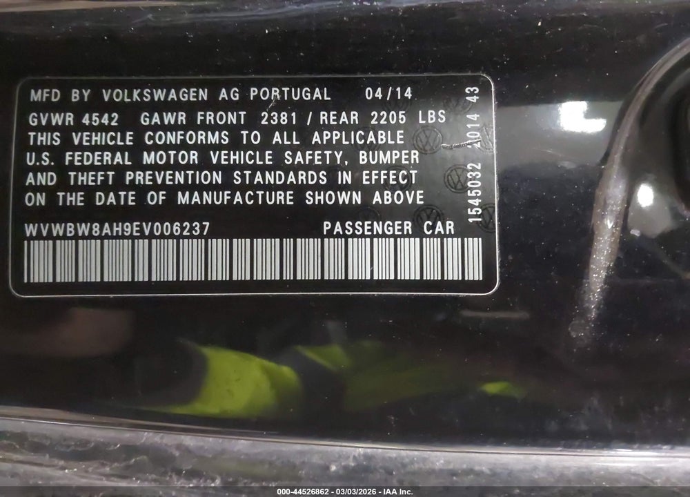 2014 VOLKSWAGEN EOS SPORT VIN: WVWBW8AH9EV006237
