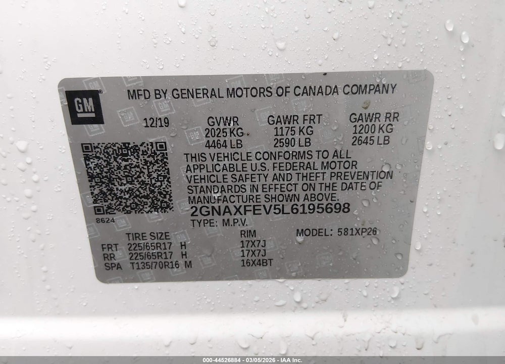 2020 CHEVROLET EQUINOX FWD 1FL VIN: 2GNAXFEV5L6195698