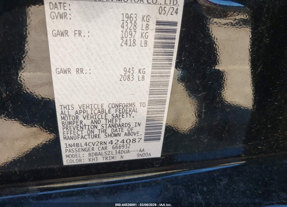 2024 NISSAN ALTIMA SR FWD VIN: 1N4BL4CV2RN424087