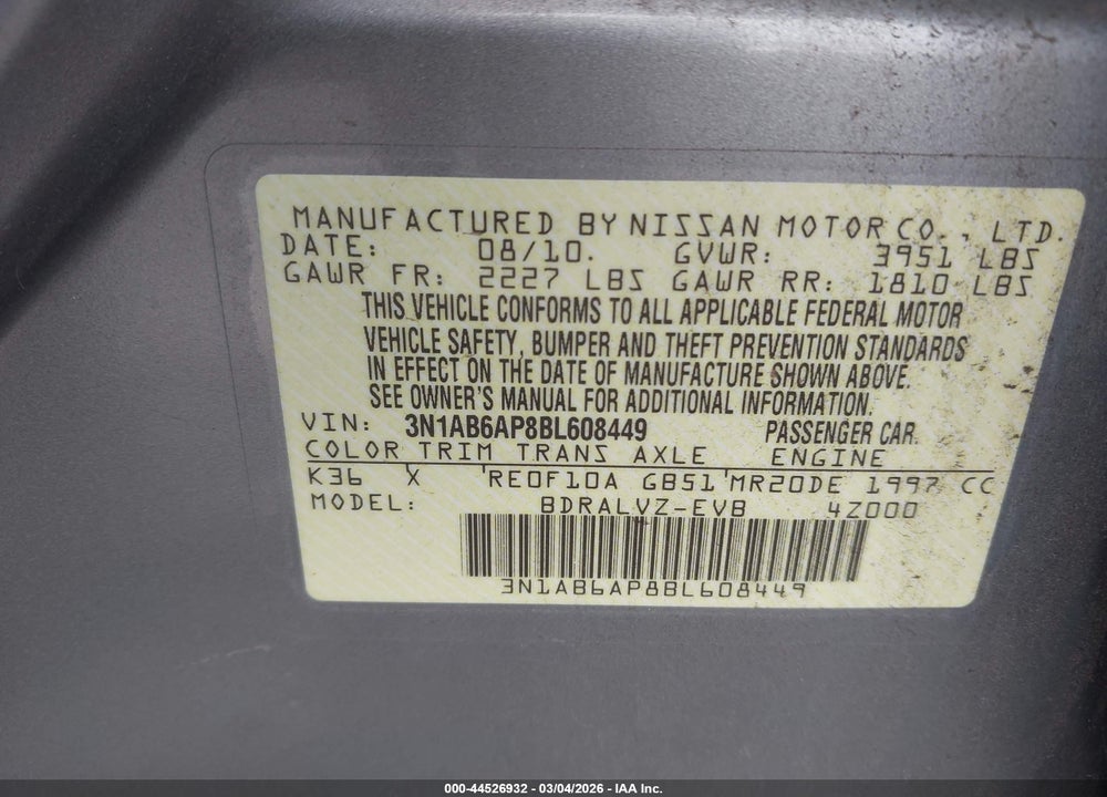 2011 NISSAN SENTRA 2.0SL VIN: 3N1AB6AP8BL608449