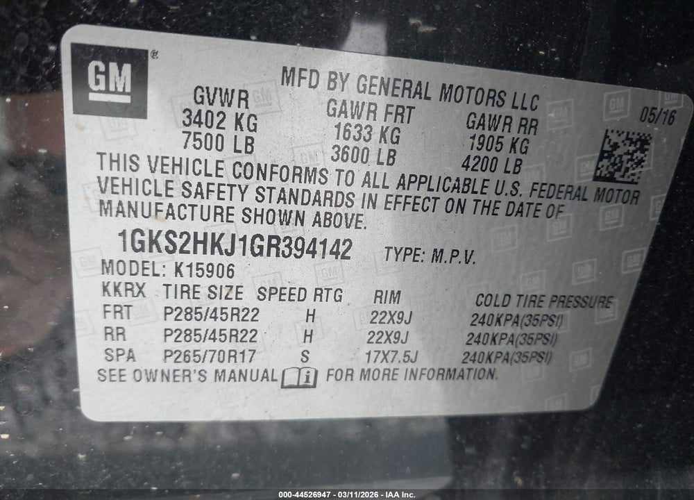 2016 GMC YUKON XL DENALI VIN: 1GKS2HKJ1GR394142